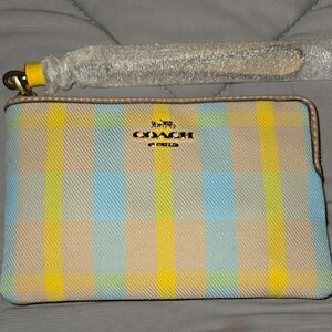 Coach Women's Corner Zip Wristlet with Plaid Print in the Bright Maize